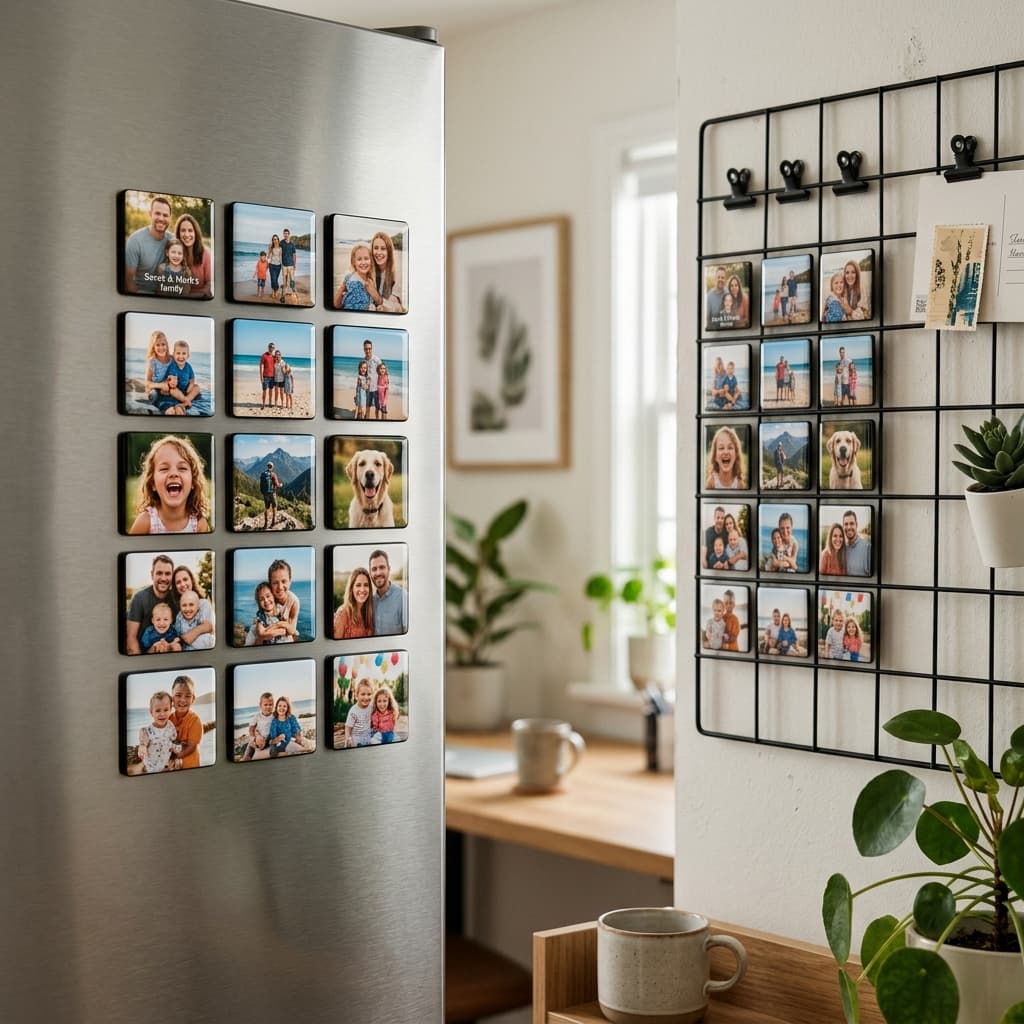 Custom photo magnets displayed on a fridge and office wall — Snapstic Australia